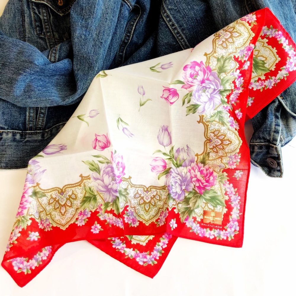 BALENCIAGA Floral Print Silk Color Block Scarf